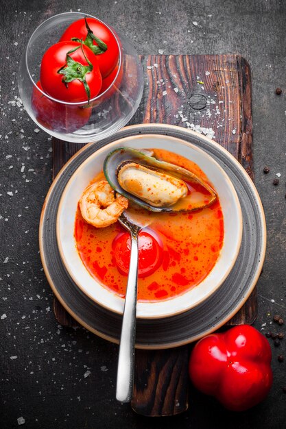 Draufsicht Muschelsuppe mit Tomaten und Garnelen und Löffel in Platte