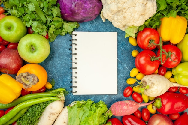 Draufsicht notizbuch rotkohl kirschtomate dill koriander petersilie rettich äpfel salat blumenkohl paprika kaki