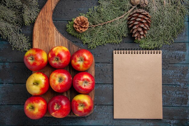 Draufsicht Äpfel auf Tisch gelb-rote Äpfel auf einem Holzbrett auf grauer Oberfläche und Notizbuch zwischen Ästen