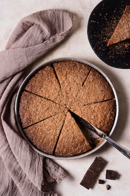 Draufsicht Schokoladenkuchen bereit, serviert zu werden