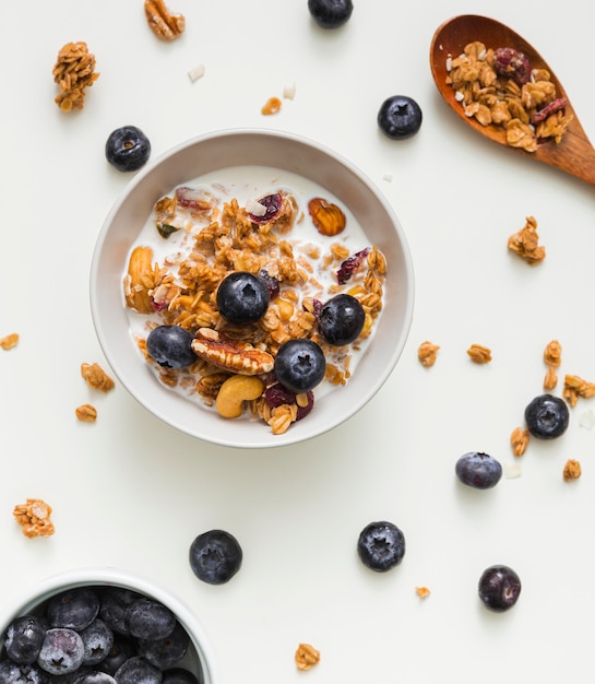 Draufsicht Schüssel mit Milch und Müsli