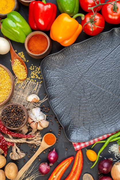 Draufsicht, schwarze Platte, Bulgur-Schale und Holzlöffel