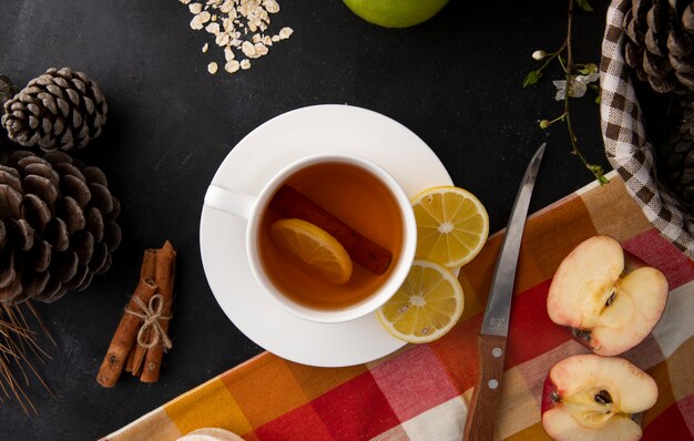 Draufsicht Tasse Tee mit Zitronenscheiben und Zimt mit Apfelhälften und Tannenzapfen auf dem Tisch