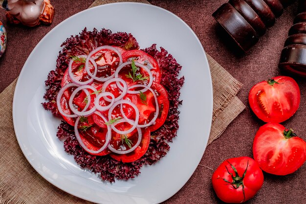 Draufsicht Tomatensalat geschnittene Tomaten mit roten Zwiebeln und rotem Salat auf einem Teller