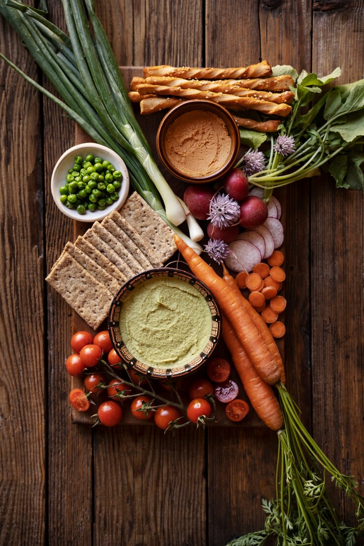 Kostenlose Foto draufsicht über bunten hummus