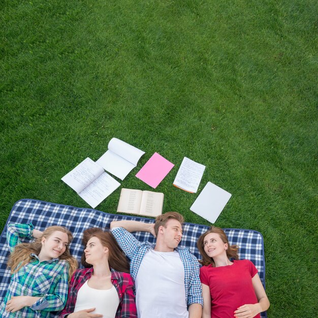 Draufsicht von den Studenten, die auf Picknickdecke liegen