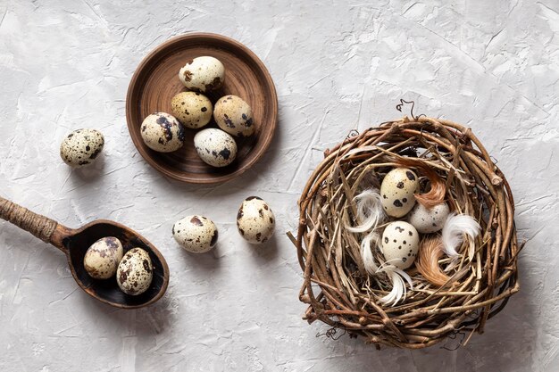 Draufsicht von Eiern für Ostern mit Holzlöffel und Vogelnest