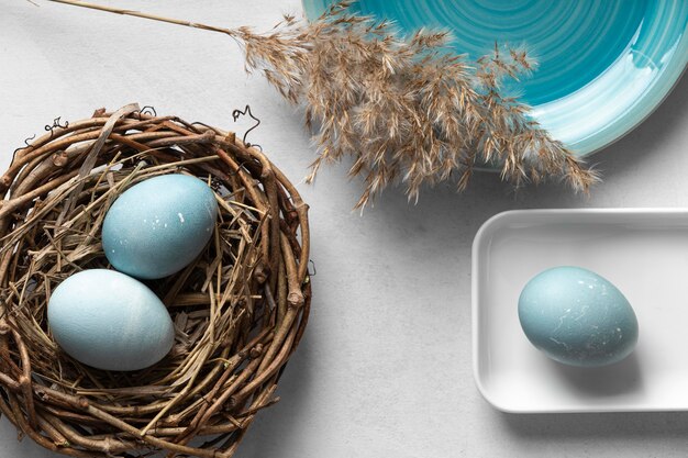 Draufsicht von Eiern für Ostern mit Nest aus Zweigen