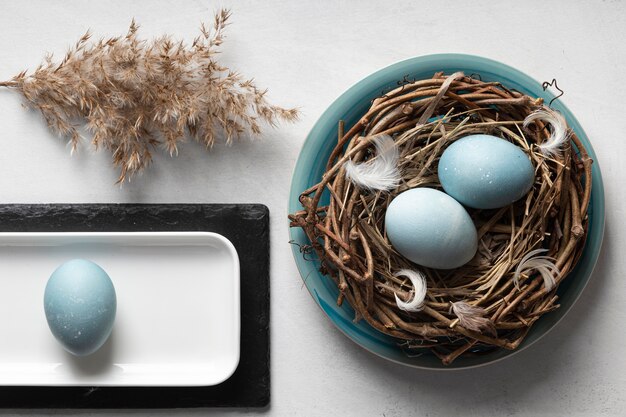 Draufsicht von Eiern für Ostern mit Vogelnest und Platte