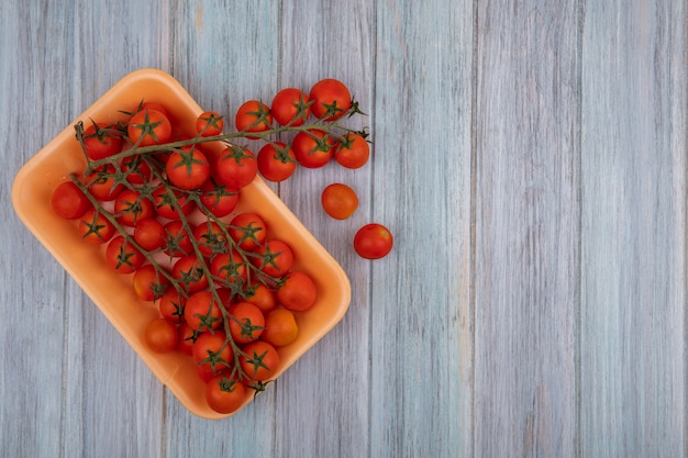 Kostenloses Foto draufsicht von frischen roten weinreben-tomaten auf einem plastikbehälter auf einem grauen hölzernen hintergrund mit kopienraum