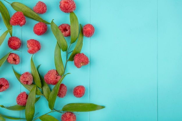 Draufsicht von Himbeeren und Blättern auf blauer Oberfläche