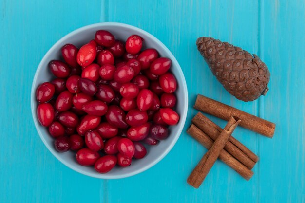 Draufsicht von Kornelkirschenbeeren in der Schüssel mit Zimt und Tannenzapfen auf blauem Hintergrund