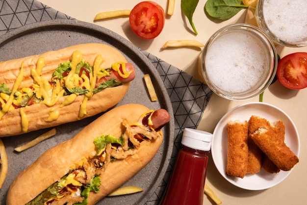 Draufsicht von zwei Hotdogs mit Ketchup und Pommes Frites