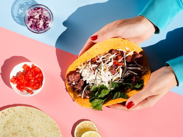 Draufsichtanordnung für Fleisch und Veggies für mexikanischen Taco