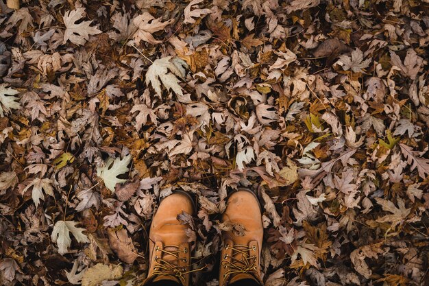 Draufsichtaufnahme von braunen Stiefeln und Blättern im Boden