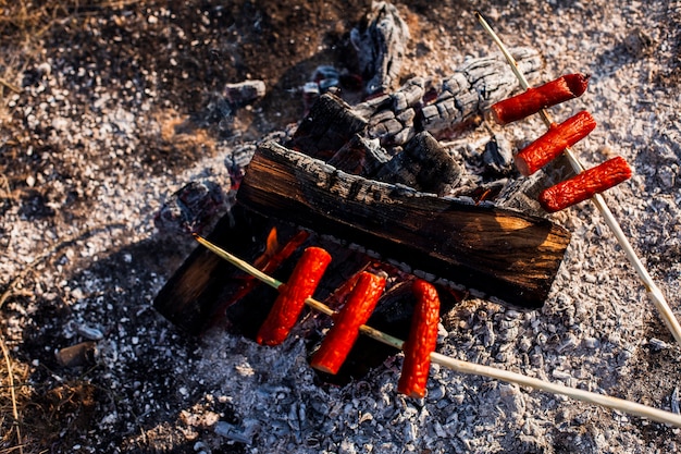 Draufsichtaufsteckspindeln des Fleisches und des Feuers