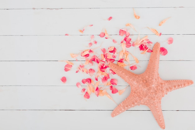 Draufsichtblumenblätter und -starfish auf hölzernem Hintergrund