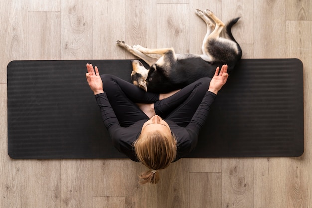 Draufsichtfrau, die mit Hund meditiert