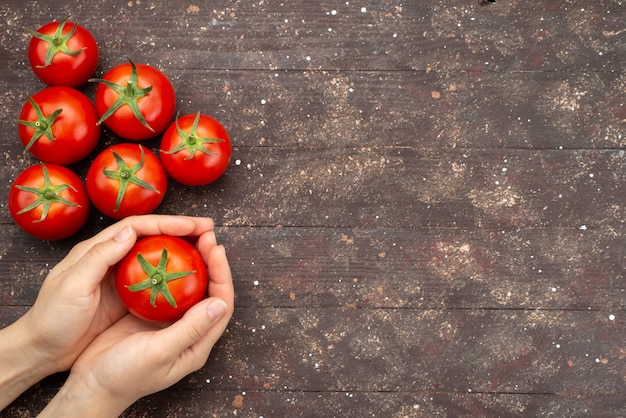 Draufsichtfrau, die reife tomaten und frisches gemüse auf braun hält