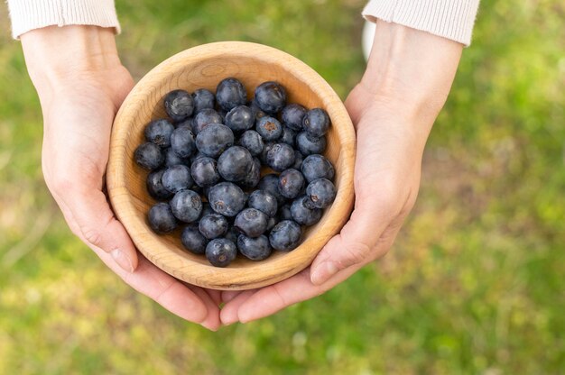 Draufsichtfrau, die Schüssel mit Blaubeeren hält