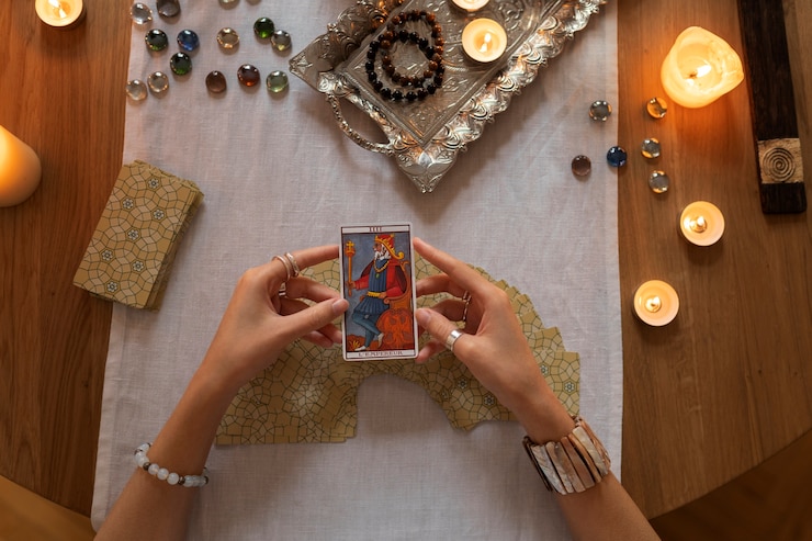 Kostenlose Foto draufsichtfrau, die tarot liest