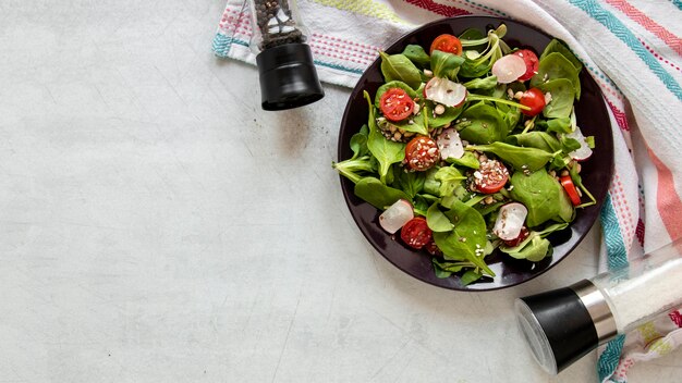Draufsichtschale mit leckerem Salat und Kopierraum