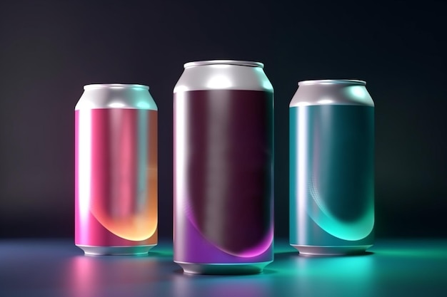 Drei bunte Getränkedosen isoliert auf schwarzem Hintergrund AI generative