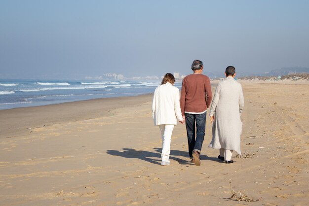 Drei Freunde mittleren Alters verbringen einen sonnigen Herbsttag zusammen, während sie am Meer spazieren gehen. Älteres Paar und kurzhaarige Dame genießen gemeinsam die Freizeit. Freunde, Freizeitkonzept