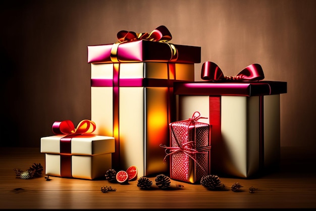 Drei Geschenkschachteln mit roten Bändern und eine mit der Aufschrift „Weihnachten“.