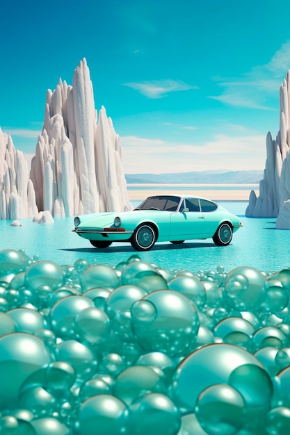 Kostenloses Foto dreidimensionales auto mit abstrakten kugeln im hintergrund