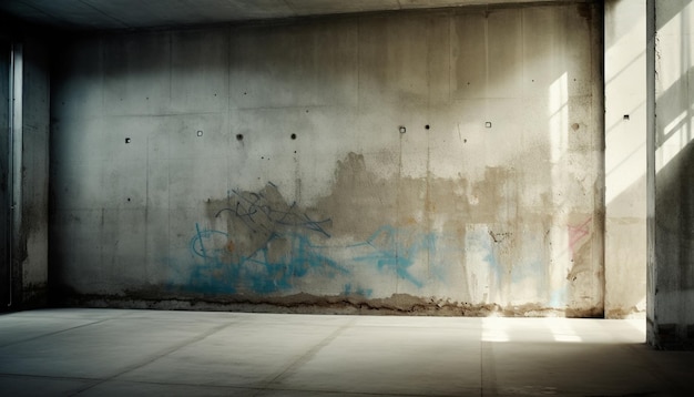 Dunkler, leerer Korridor mit fleckigen Betonwänden und rostiger Metalldecke, erzeugt durch künstliche Intelligenz