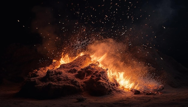 Durch das Verbrennen von Brennholz entsteht ein leuchtendes, von der KI erzeugtes Lagerfeuer aus nächster Nähe