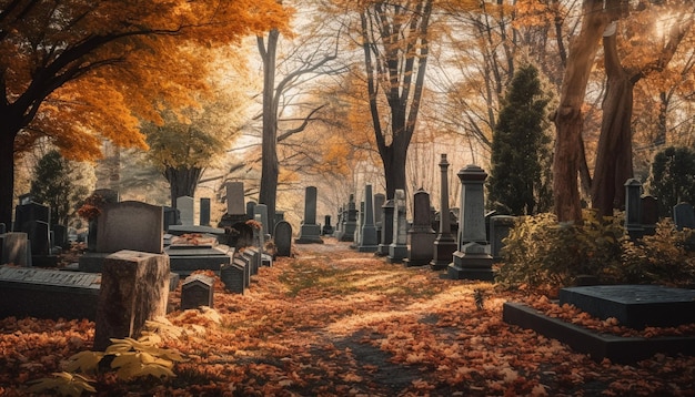 Durch KI erzeugte Herbstblätter fallen auf Grabsteine im Wald