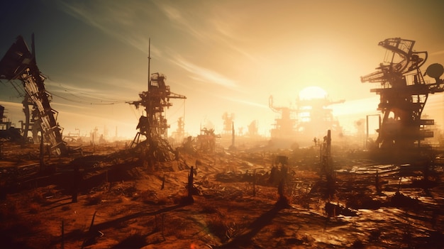 Dystopische Szene mit zerstörter Landschaft und apokalyptischer Atmosphäre