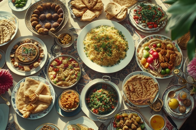 Kostenloses Foto eid al-fitr-feier von oben mit köstlichem essen