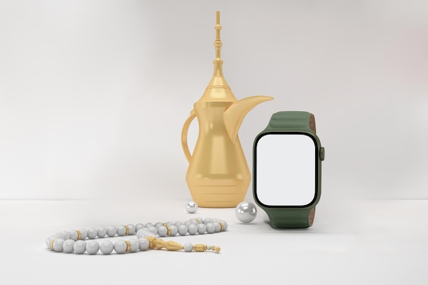 Kostenloses Foto eid smart watch und rosenkranz vorderseite im weißen hintergrund