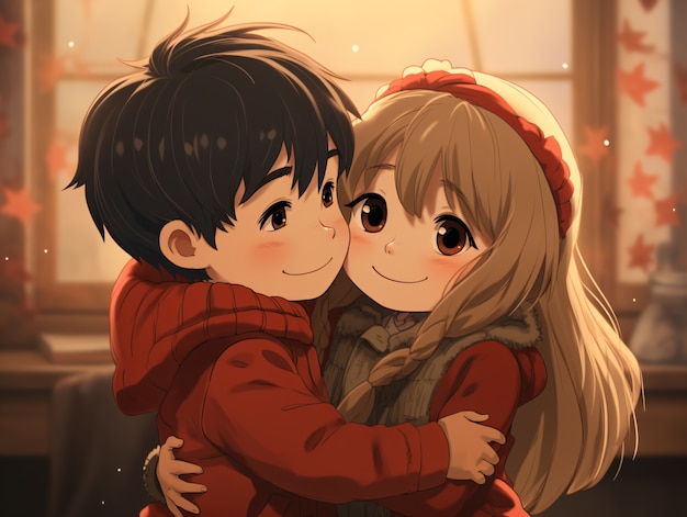 Ein Anime-Paar mit mittlerer Aufnahme, das sich umarmt.