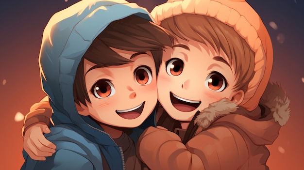 Ein Anime-Paar mit mittlerer Aufnahme, das sich umarmt.