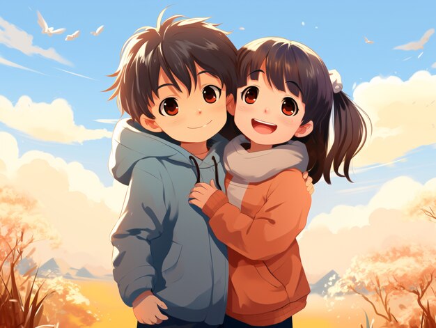 Ein Anime-Paar mit mittlerer Aufnahme, das sich umarmt.