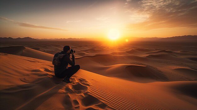Ein atemberaubender Sonnenuntergang, der goldene Farbtöne über die weite Wüste wirft