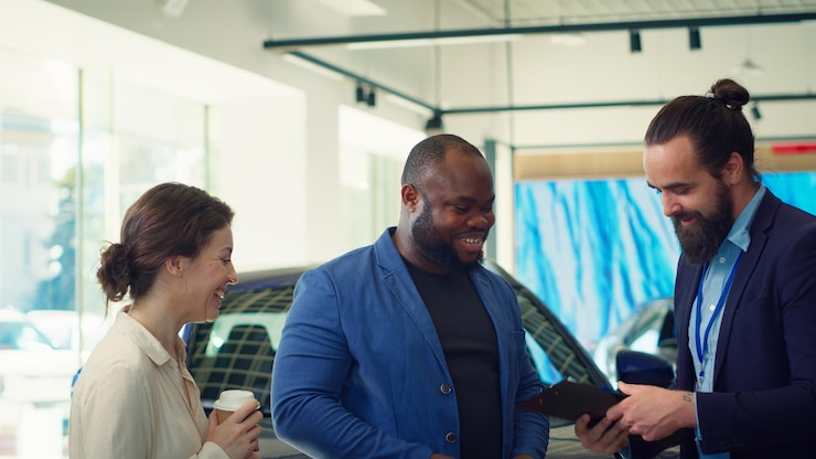 Kostenlose Foto ein autoverkäufer unterzeichnet einen vertrag bei einem autohaus und schüttelt den kunden die hand