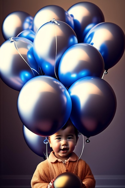 Ein Baby hält einen Haufen Luftballons mit der Nummer 1 darauf.