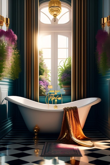 Kostenloses Foto ein badezimmer mit einer weißen badewanne und goldenen akzenten