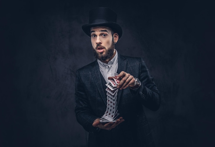 Kostenlose Foto ein bärtiger zauberer in schwarzem anzug und hut, der trick mit spielkarten auf dunklem hintergrund zeigt.