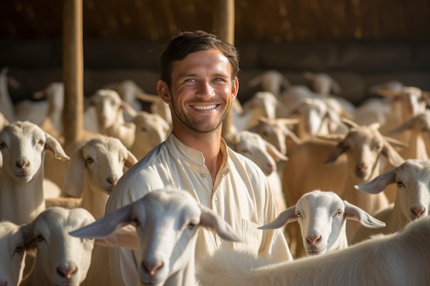 Ein Bauer kümmert sich um eine fotorealistische Ziegenfarm