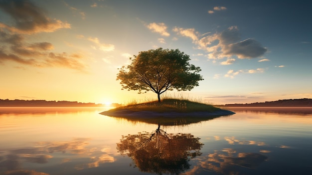 Ein Baum in der Mitte eines Sees bei Sonnenuntergang