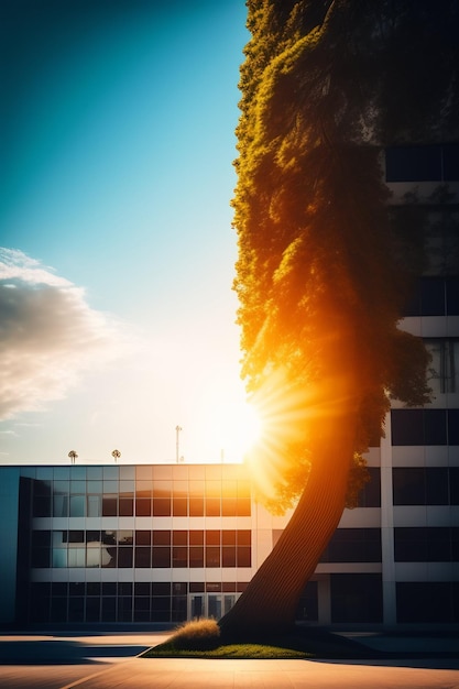 Ein Baum vor einem Gebäude, durch den die Sonne scheint