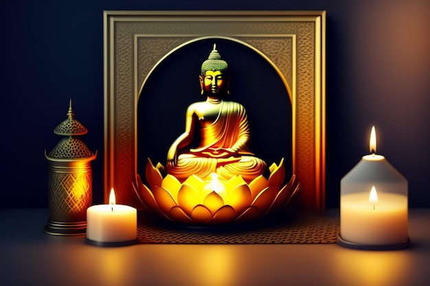 Kostenloses Foto ein beleuchtetes bild eines buddha mit einer kerze dahinter