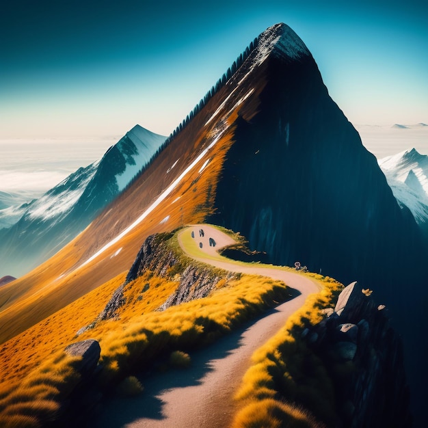 Ein Berg mit blauem Himmel und einer Straße mit einem Berg im Hintergrund.