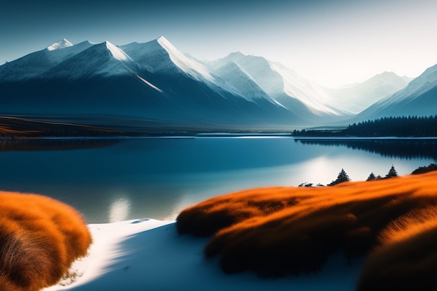 Ein Bergsee mit schneebedeckten Bergen im Hintergrund